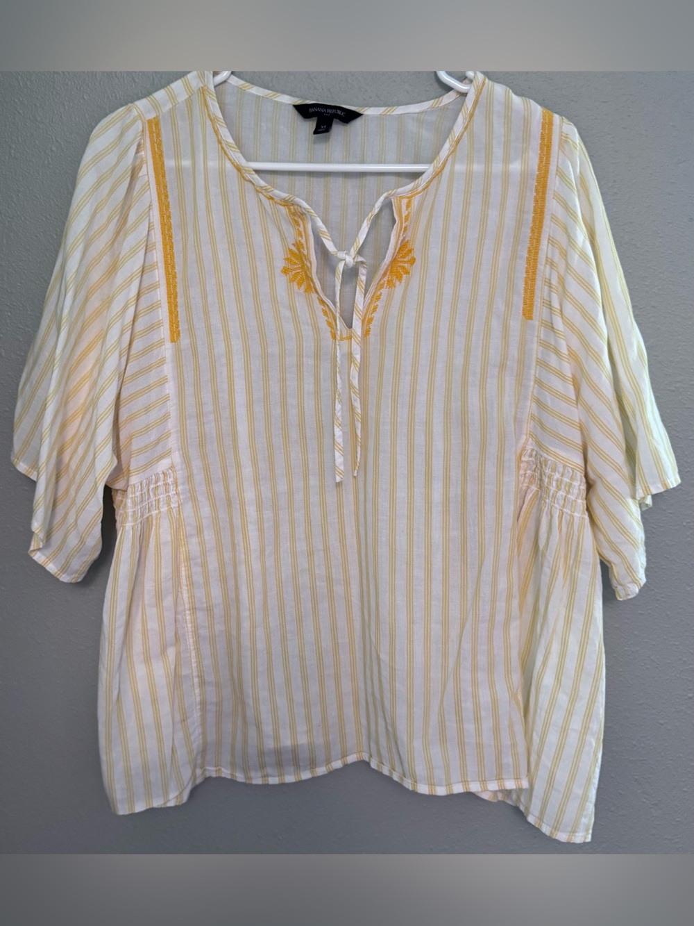 Banana Republic White and Yellow Striped Embroidered Peasant Tunic